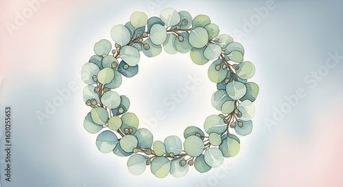 A Tranquil Circle: A Gentle Watercolor of a Serene Eucalyptus Wreath







