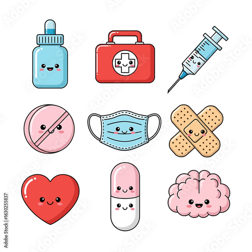 A cute collection of kawaii medical and healthcare icons. Vector illustration set of happy character symbols like a mask, pill, and heart.