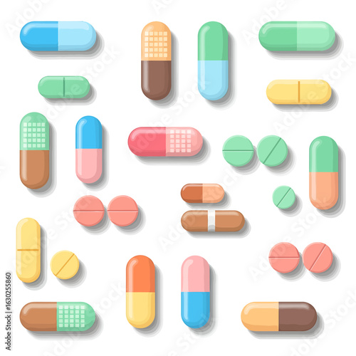 Collection of colorful medical pills, tablets, and capsules. Assorted pharmaceutical drug icons for healthcare design.
