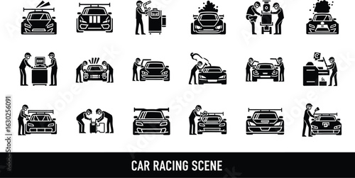 Dynamic black and white race car maintenance service icons