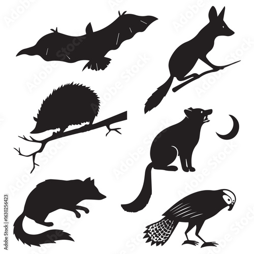 Collection of silhouetted nocturnal wildlife including a bat fox hedgehog and owl against a white background