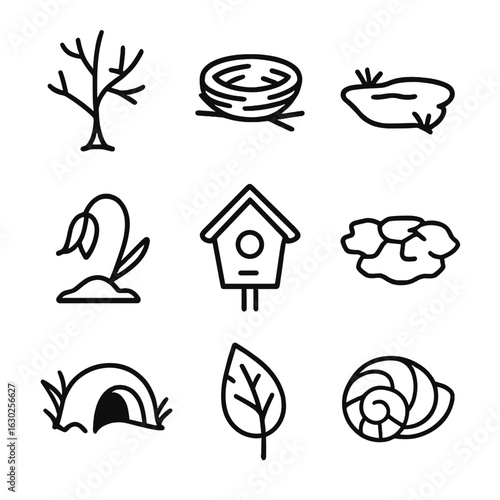 Nature Absence Icons. Outline icon set of absence in nature: barren tree, empty nest, dry pond, withered plant, empty birdhouse,
