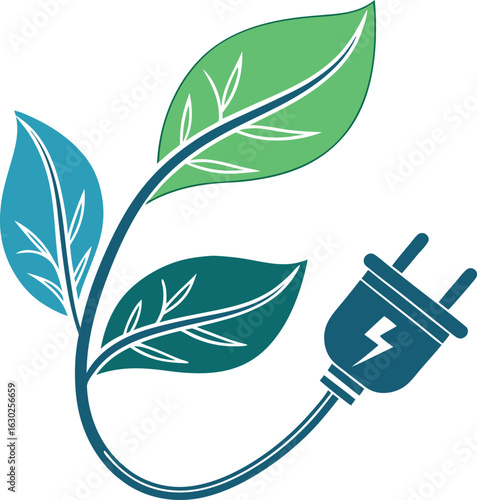 Illustration of a green energy concept with leaves and an electrical plug representing sustainable power