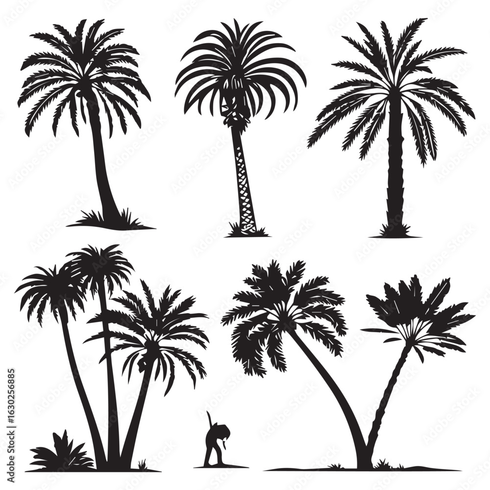 Naklejka premium Collection of silhouetted palm trees in various shapes and sizes against a white background for tropical design