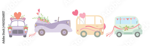 Wedding Car Transport with Flower Bouquet, Ribbon and Heart Vector Set