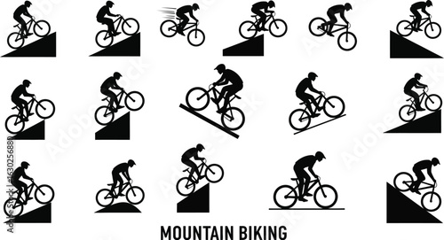 Mountain bikers doing extreme stunts and jumps silhouette art