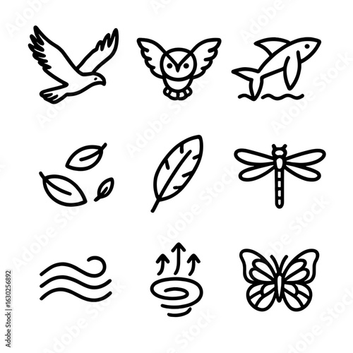 Nature Glide Icons. Outline icon set of glide nature elements: soaring eagle, gliding owl, flying fish, butterfly flight, leaves