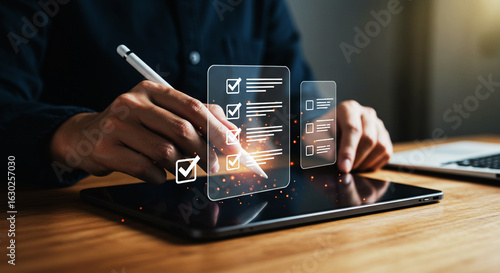 Conceptual Image of Modern Task Management and Workflow, with a Person Using a Stylus to Interact with a Holographic Document Approval Checklist on a Tablet.