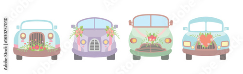 Wedding Car Transport with Flower Bouquet, Ribbon and Heart Vector Set