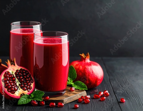 Refreshing pomegranate juice in tall glasses with fresh whole and cut pomegranates on dark background, healthy natural drink, antioxidant rich beverage