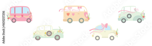 Wedding Car Transport with Flower Bouquet, Ribbon and Heart Vector Set