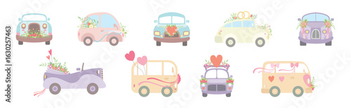 Wedding Car Transport with Flower Bouquet, Ribbon and Heart Vector Set