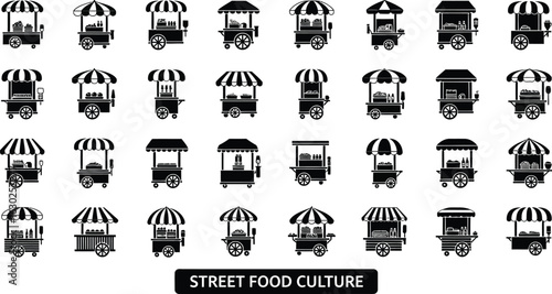 Street food carts icons selling tasty snacks and drinks