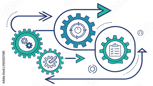 Illustration showcasing interconnected gears with arrows representing process flow and workflow management