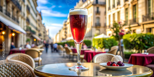 A kir royal cocktail sits on a table at a parisian cafe, with a view of the street and buildings, creating a romantic and luxurious atmosphere