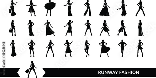 Fashion silhouettes strutting down runway in designer clothes