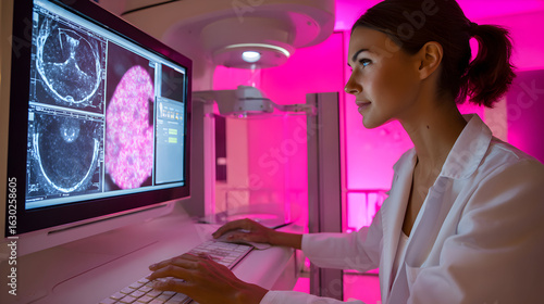 Female Medical Professional Analyzing Mammogram Images on Computer Screen in Modern Clinic with Pink Lighting