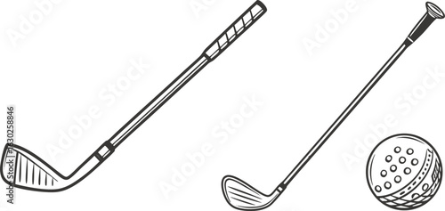 Illustration of golf clubs and a golf ball for a game of golf on the green course