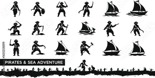 Bold pirate silhouettes ready for sea adventures and battle