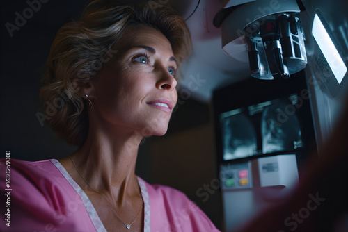 Woman Undergoing Mammogram for Breast Cancer Screening in Dimly Lit Medical Environment