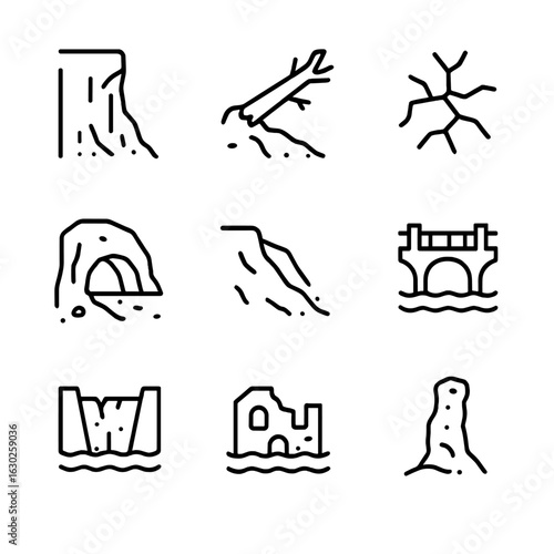 Nature Ruin Icons. Outline icon set of natural ruin: eroded cliff, fallen tree, cracked earth, collapsed cave, washed away soil,