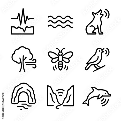 Nature Resonance Icons. Outline icon set of resonance in nature: earthquake waves, ocean waves, vocal animal calls, wind resonance