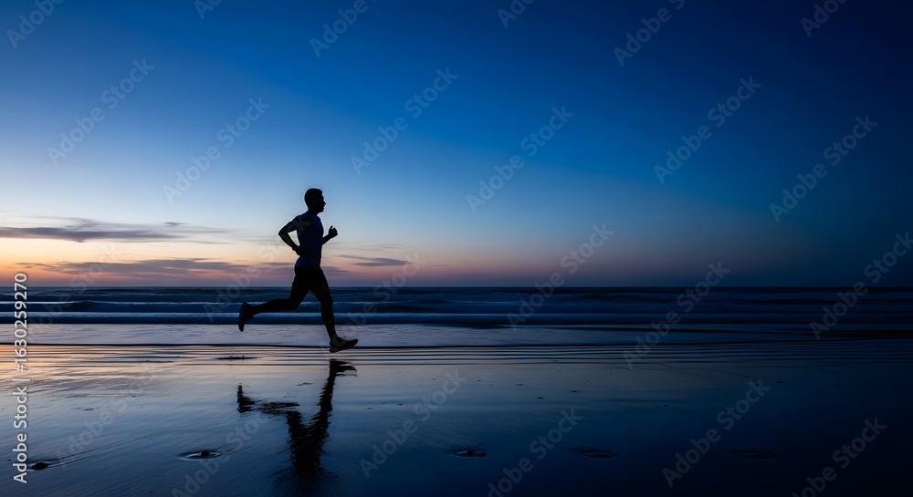 Silhouette of a person jogging on a beach at sunset, reflected in the wet sand. Dark blue and orange tones dominate the image. Silhouette of a person jogging on a beach at sunset, reflected in the wet sand. Dark blue and orange tones dominate the image.