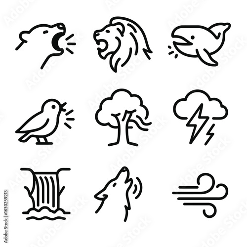 Nature Sounds Icon Set. Outline icon set of shout in nature: animal roar, lion's roar, whale call, bird call, tree rustling, storm
