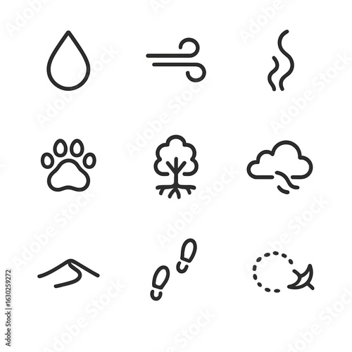 Nature Trail Icons. Outline icon set of trace in nature: water drop, wind swirl, smoke trail, animal paw, tree root, cloud trail,