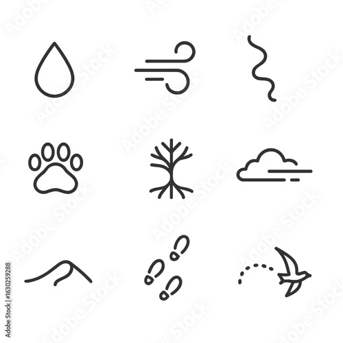 Nature Trail Icons. Outline icon set of trace in nature: water drop, wind swirl, smoke trail, animal paw, tree root, cloud trail,