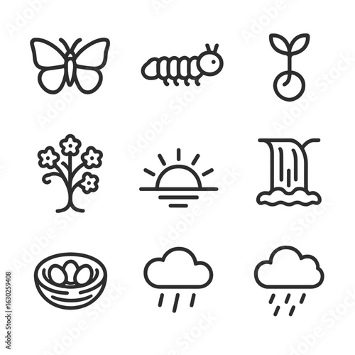Nature's Cycle Icons. Outline icon set of resurrection in nature cycles: butterfly, caterpillar, egg, seedling, blooming tree,