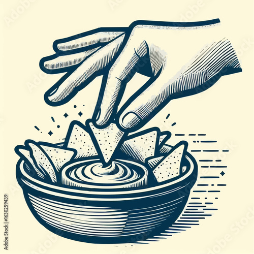 Vintage illustration of a hand dipping nachos into a bowl of dip, retro style