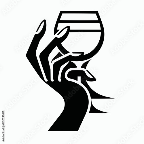 Stylized black silhouette of hand holding a glass, modern graphic design
