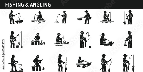 Fishing and angling icons showing outdoor recreation activities