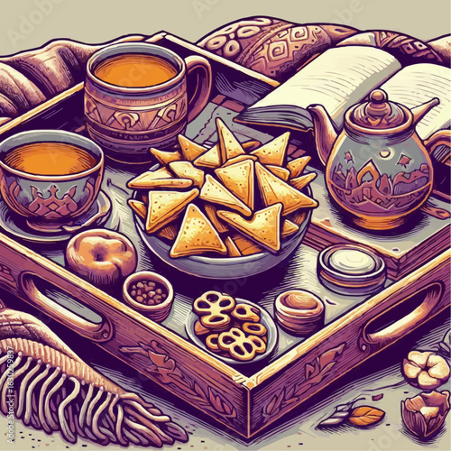 Colorful tray with nachos, tea, and snacks, cozy setting with a book and teapot