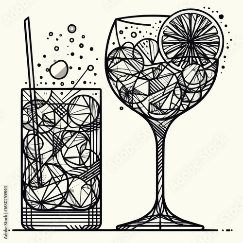 Stylized cocktail and highball glass illustration with geometric patterns, refreshing design
