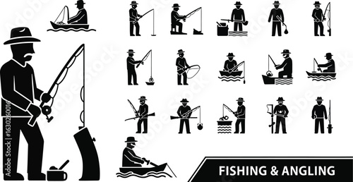 Angling icons set perfect for fishing themed designs projects