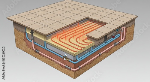 Cutaway view of a radiant floor heating system with pipes layers of insulation concrete and tile flooring
