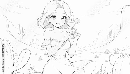Coloring page of a cheerful woman enjoying a cocktail in a desert scenery
