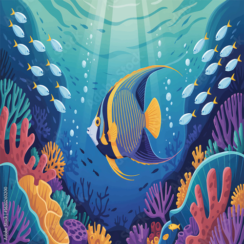 Colorful illustration of an angelfish swimming amongst vibrant coral reefs in the ocean