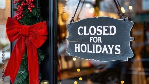 Charming black sign reads closed for holidays hanging next to a festive red bow and greenery