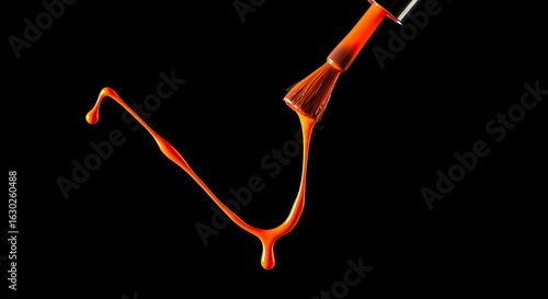 Orange nail polish dripping from the brush onto a black background