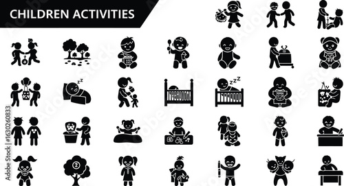 Kids enjoying playtime activities black and white silhouettes