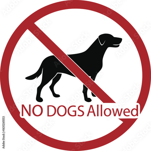 Vector art of a red circle with a line through it indicates that dogs are not allowed in the area for safety reasons