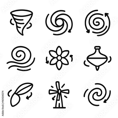 Nature's Rotation Icons. Outline icon set of rotation in nature: spinning tornado, rotating cyclone, whirlpool, swirling water,
