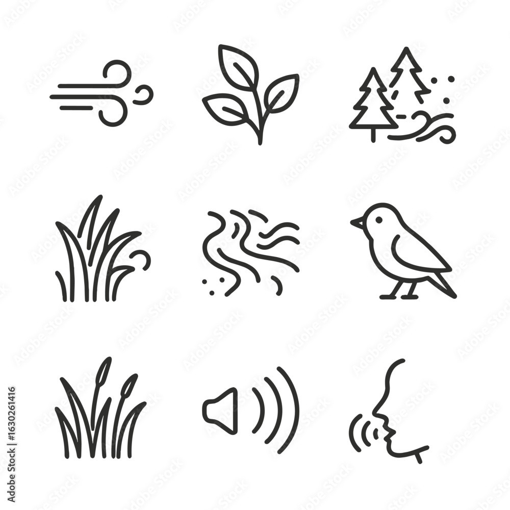 Fototapeta premium Nature's Whisper Icons. Outline icon set of whisper in nature: gentle breeze, rustling leaves, quiet forest, soft snow fall,