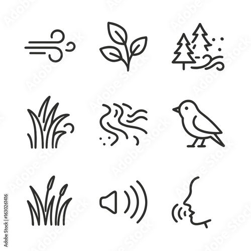 Nature's Whisper Icons. Outline icon set of whisper in nature: gentle breeze, rustling leaves, quiet forest, soft snow fall,