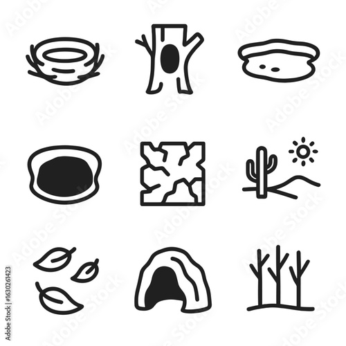 Nature's Void Icons. Outline icon set of void in nature and environment: empty nest, hollow tree trunk, dry pond, cave abyss,