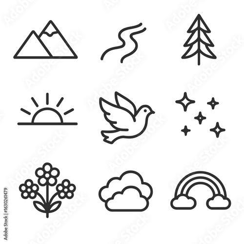 Nature Icon Set. Outline icon set of psalm nature imagery: mountain, river, tree, sunrise, dove, stars, flowers, clouds, rainbow.