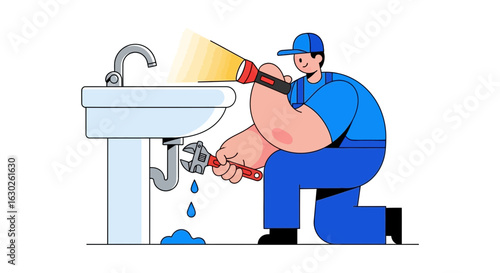 Flat Vector Illustration of a Plumber Fixing a Sink Leak
